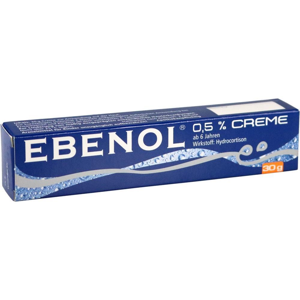 Blaue Verpackung einer Creme mit der Aufschrift "Ebenol 0,5%".
