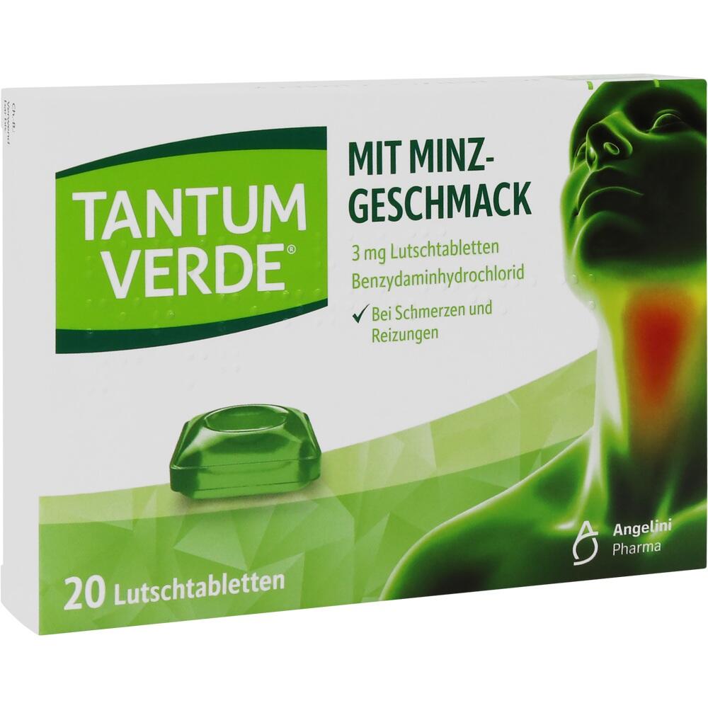 Eine Packung Tantum Verde Lutschtabletten mit Minzgeschmack f&uuml;r Halsschmerzen.