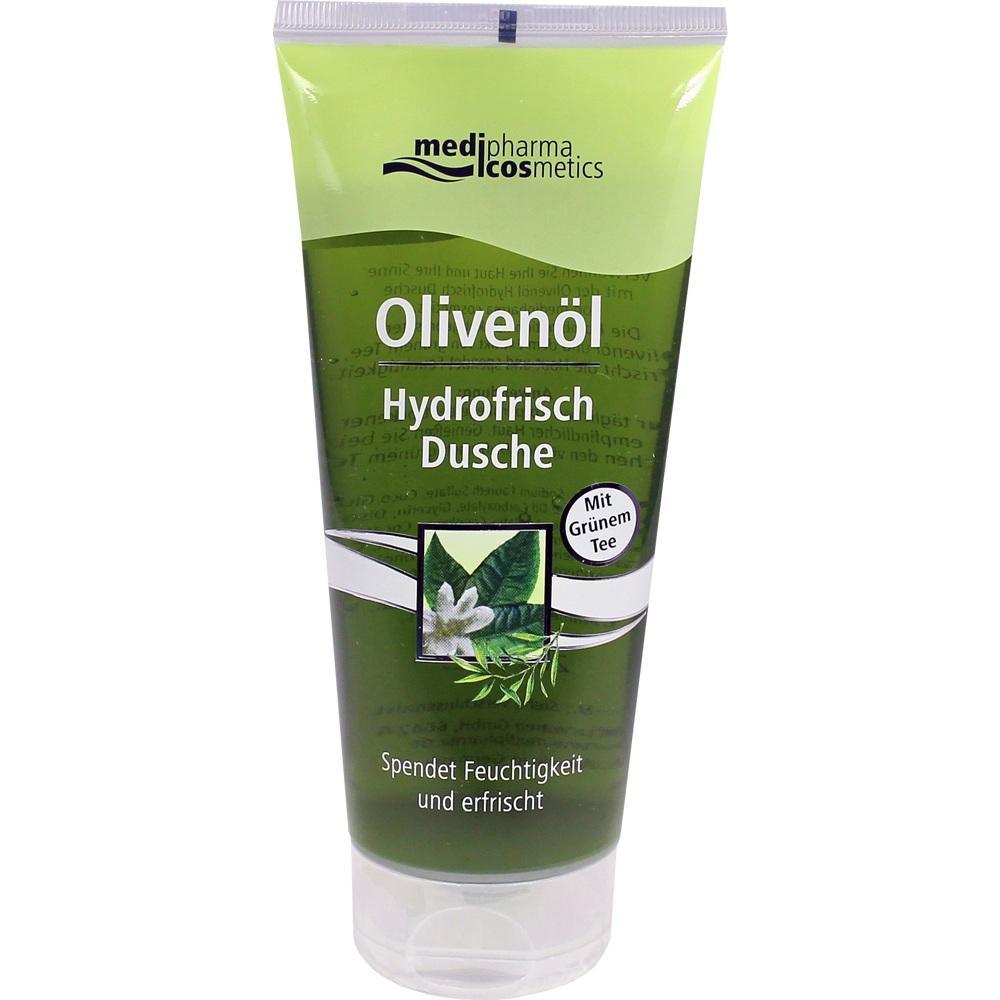 Eine gr&uuml;ne Flasche mit Oliven&ouml;l-Duschgel und gr&uuml;nem Tee.