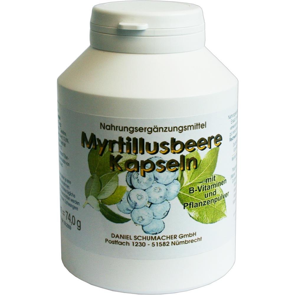 Eine weiße Dose mit Myrtillusbeeren-Kapseln als Nahrungsergänzungsmittel.