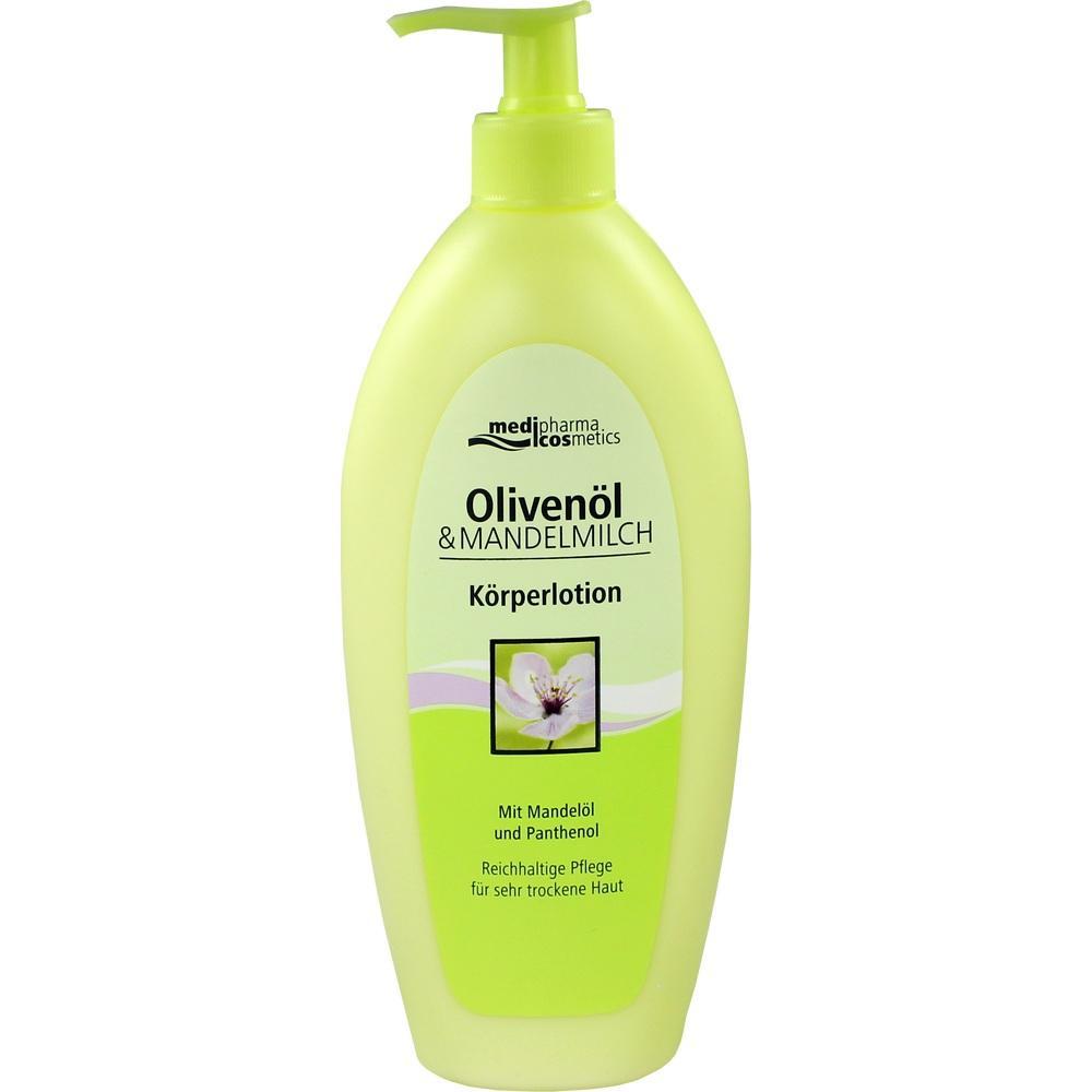 Gr&uuml;ne Flasche mit Oliven&ouml;l und Mandelmilch K&ouml;rperlotion f&uuml;r trockene Haut.