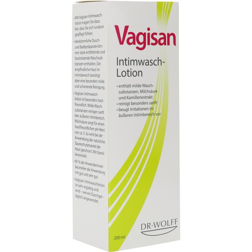 Eine Verpackung von Vagisan Intimwasch-Lotion mit Text und grünen Streifen.