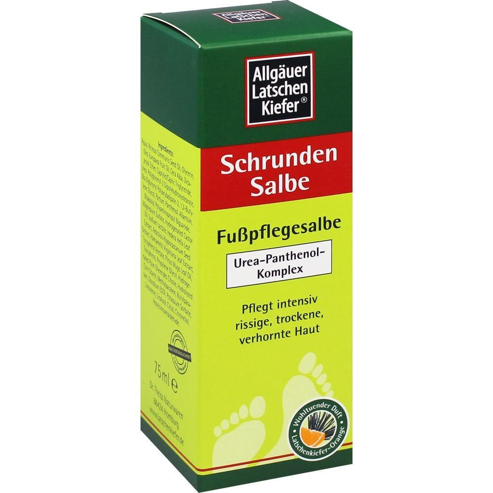Gr&uuml;ne und gelbe Schachtel einer Schrundensalbe f&uuml;r trockene Haut.