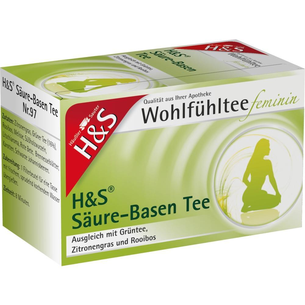 Verpackung von H&S S&auml;ure-Basen Tee mit einer sitzenden Figur und gr&uuml;ner Farbgestaltung.
