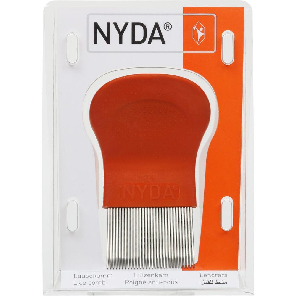 Ein L&auml;usekamm mit rotem Griff in einer Verpackung.