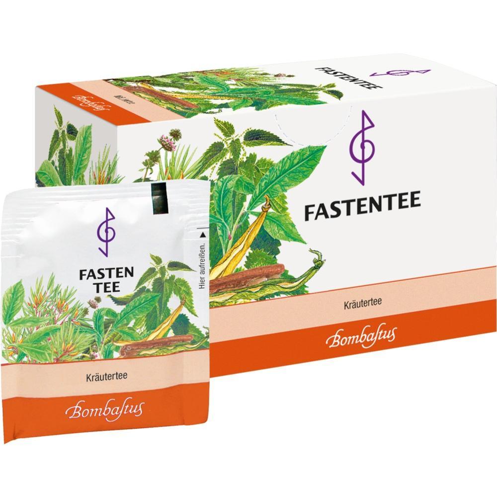 Eine Packung und ein Beutel mit Kräuter-Fastentee, dekoriert mit Pflanzenmotiven.