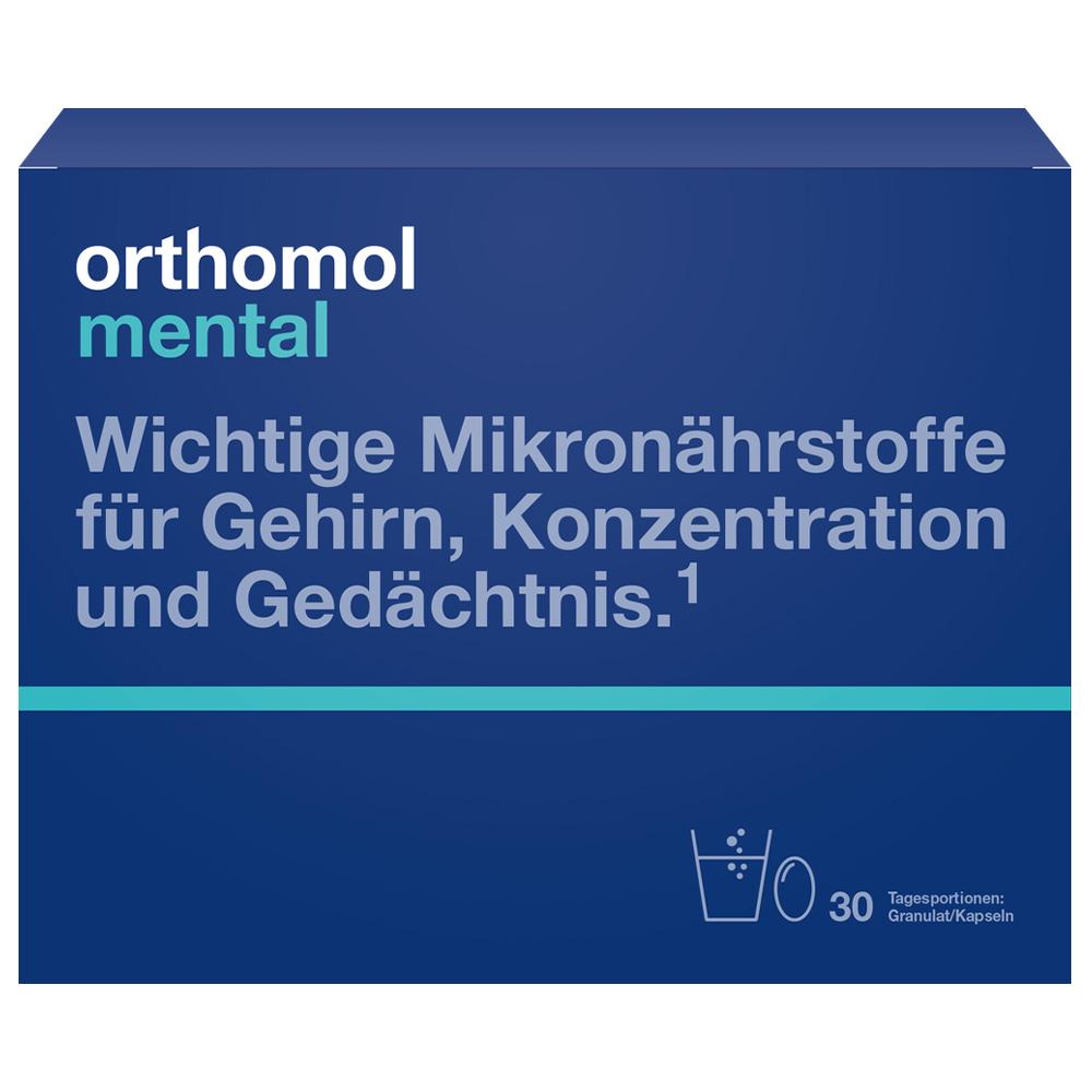 Blaue Verpackung von Nahrungsergänzungsmitteln mit Text über Mikronährstoffe für Gehirn und Gedächtnis.