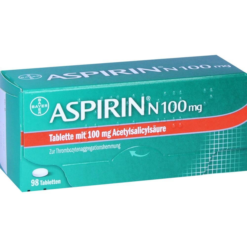 Gr&uuml;ne Aspirin-Verpackung mit 98 Tabletten &agrave; 100 mg Acetylsalicyls&auml;ure.