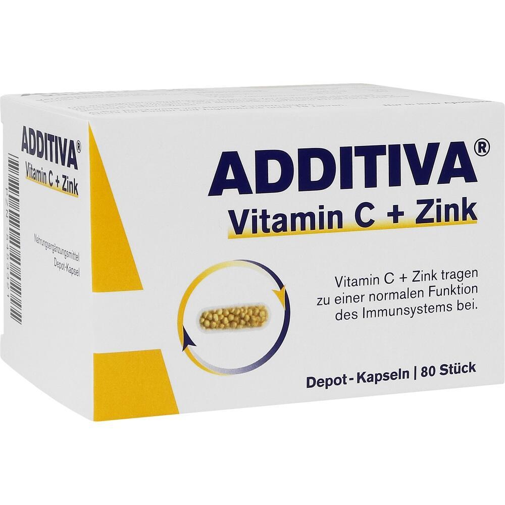 Die Verpackung zeigt Additiva Vitamin C + Zink Kapseln für das Immunsystem.