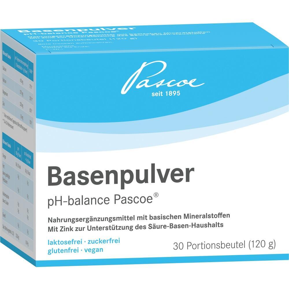 Weiße Box mit der Aufschrift "Basenpulver" von Pascoe, enthält 30 Beutel.