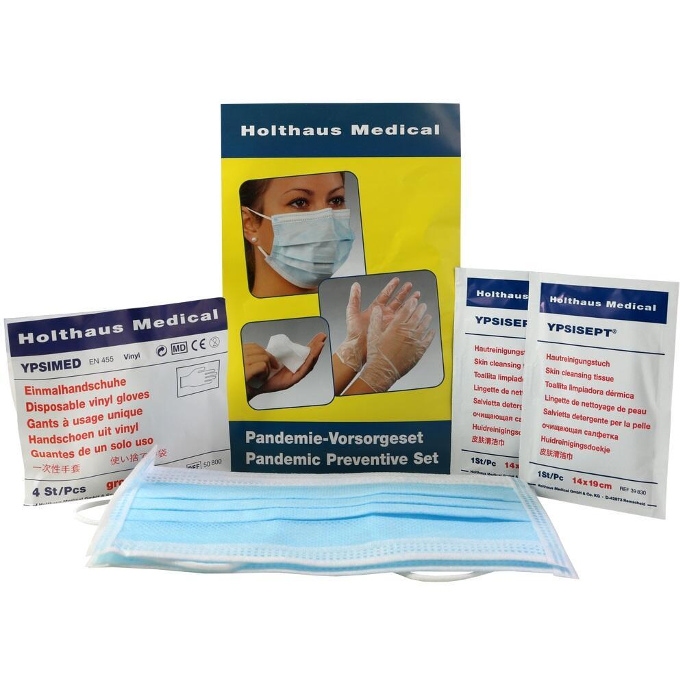 Pandemie-Vorsorgeset mit Maske, Handschuhen und Hautreinigungst&uuml;chern.