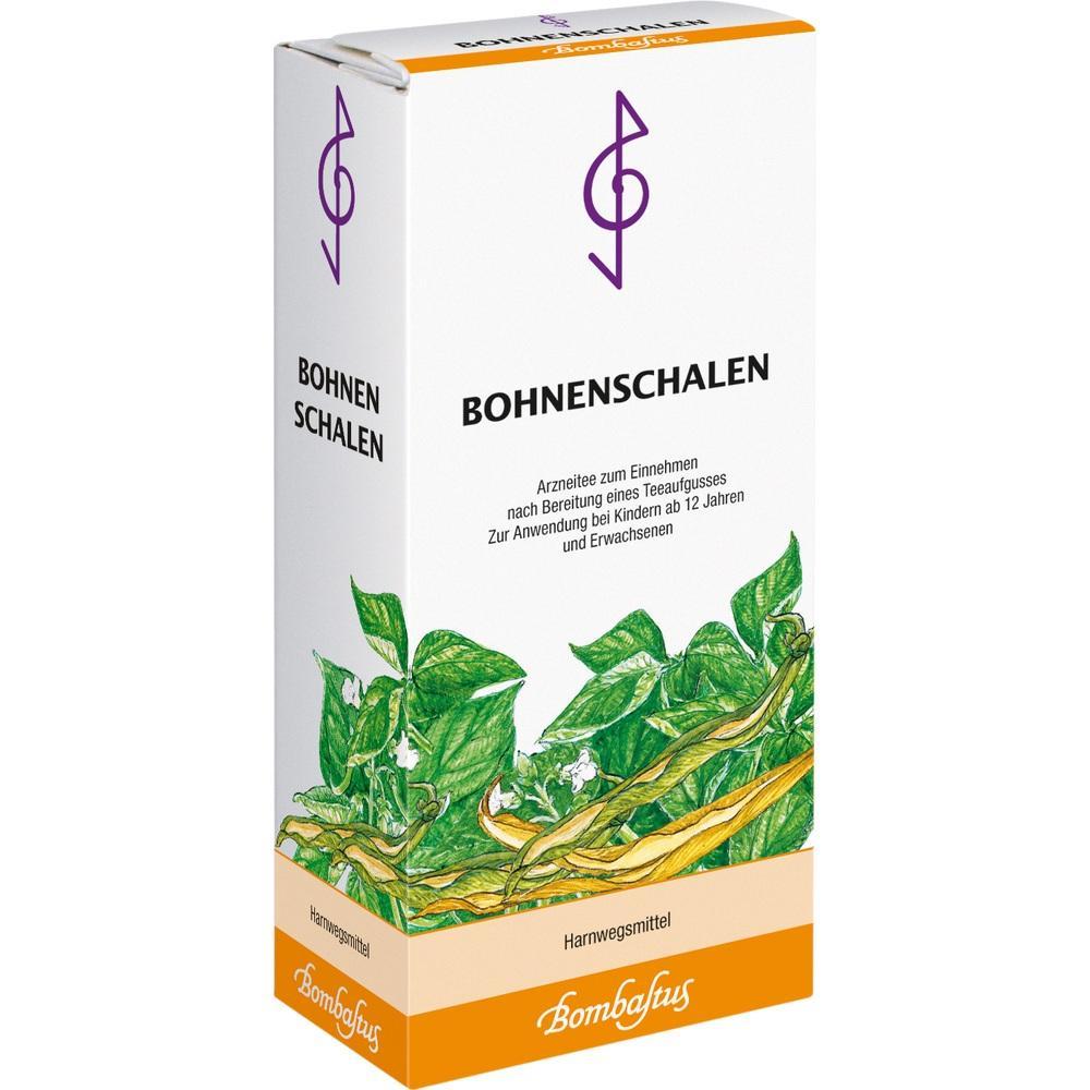 Weiße Packung mit Aufschrift "Bohnen-Schalen" und Bild von grünen Bohnenpflanzen.