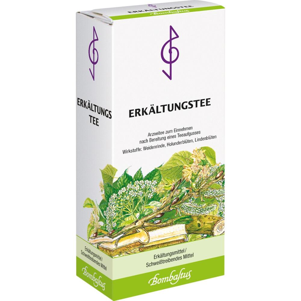 Eine Packung Erkältungstee mit Pflanzenabbildungen auf der Vorderseite.