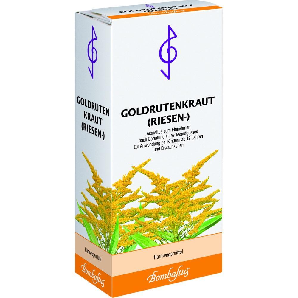 Eine weiße Verpackung mit der Aufschrift "Goldrutenkraut (Riesen-)" und einem Bild von gelben Blumen.