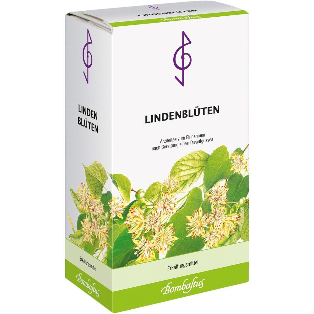 Eine Packung Lindenblütentee mit grünen Blättern und Blüten auf der Vorderseite.