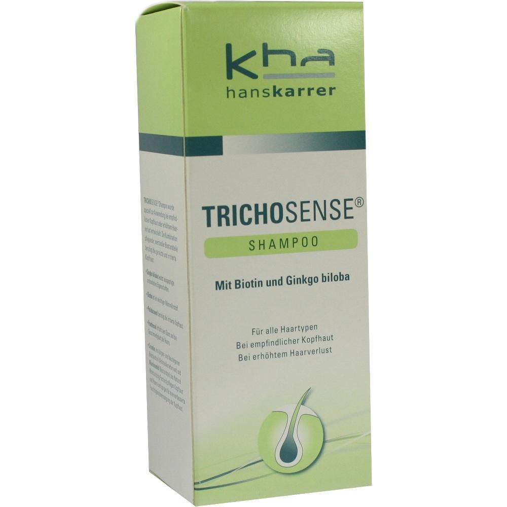 Gr&uuml;ne Shampoo-Verpackung mit der Aufschrift "Trichosense" und Inhaltsstoffen.