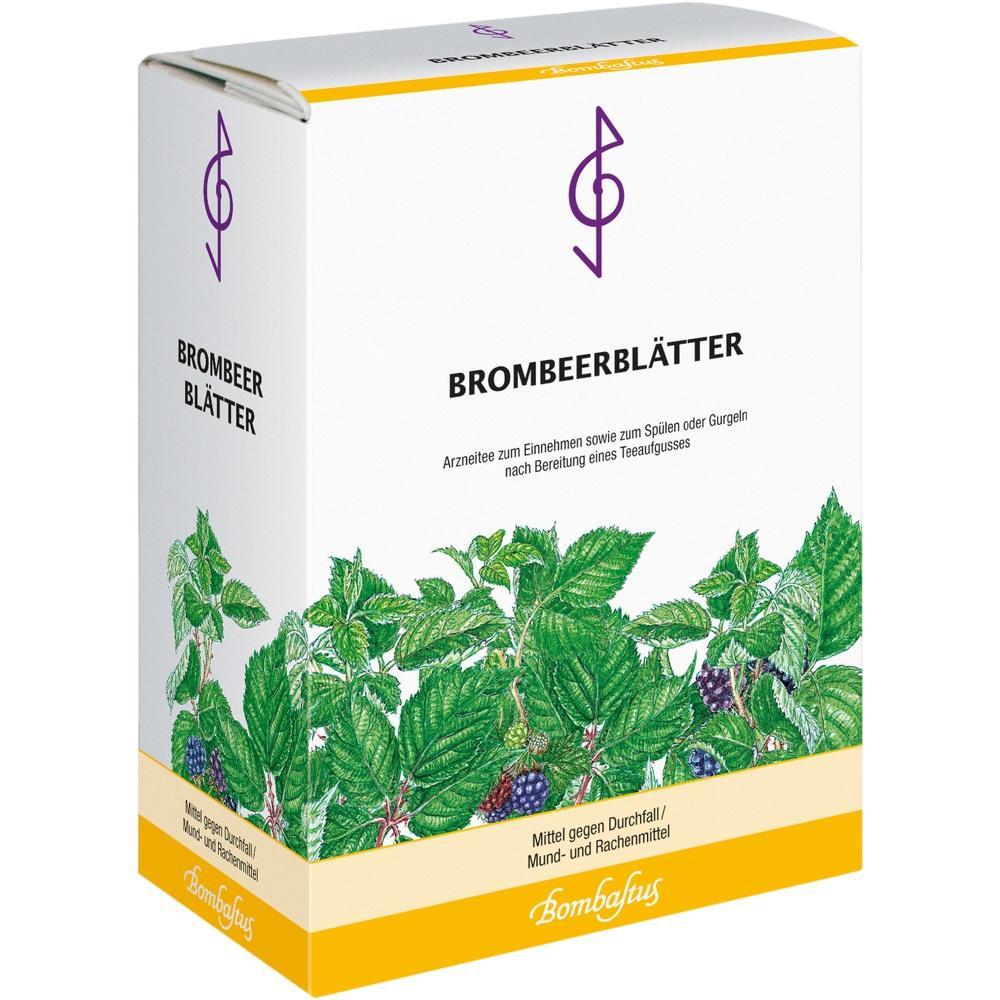 Eine Schachtel Brombeerblätter-Tee mit Zeichnung von Blättern und Beeren.