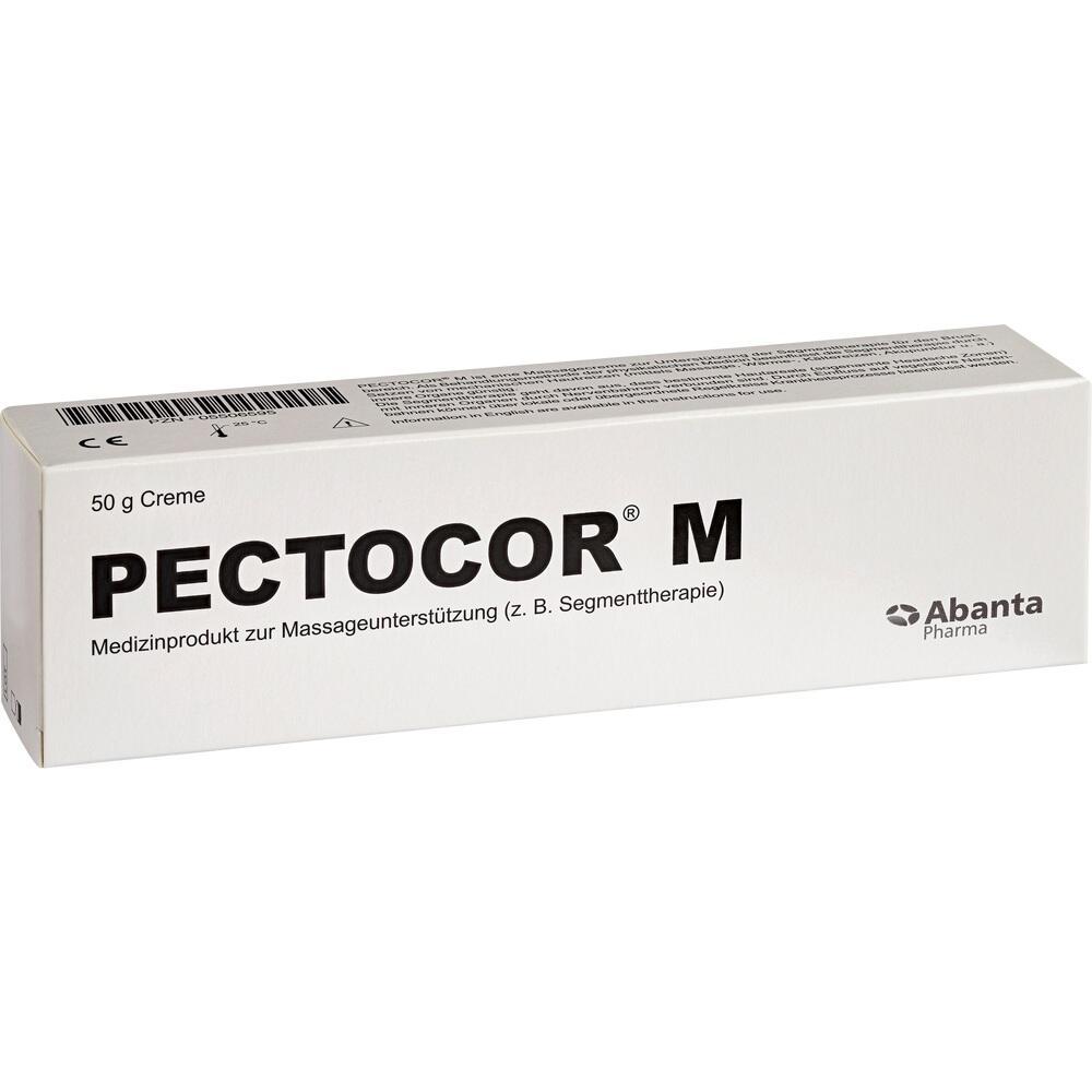 Eine weiße Schachtel mit der Aufschrift "PECTOCOR M", einer Creme zur Massageunterstützung.