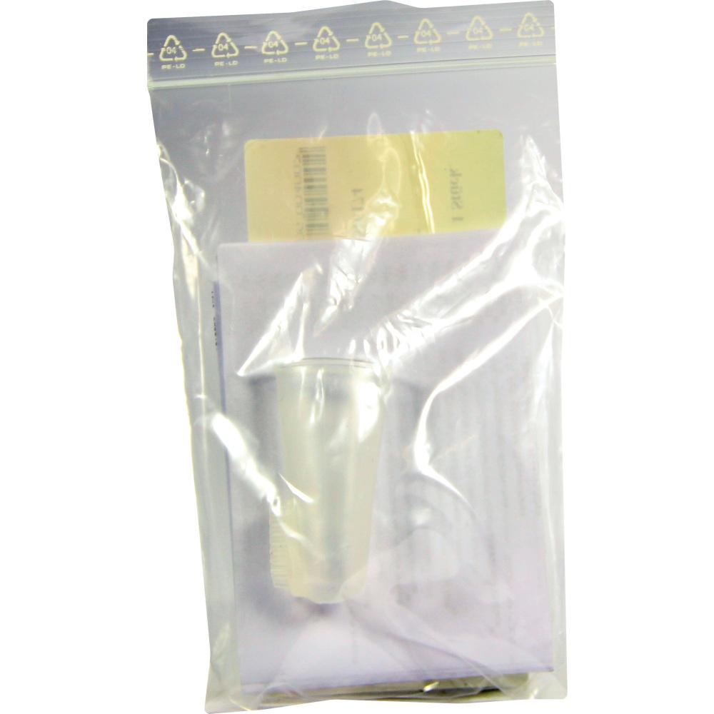 Kunststoffbeutel mit durchsichtiger Tüte, die Papiere und einen Plastikbecher enthält.