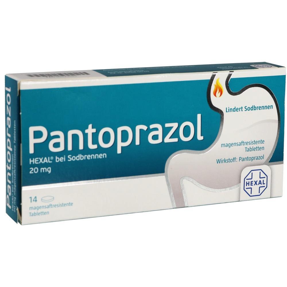 Verpackung von Pantoprazol Tabletten gegen Sodbrennen, 20 mg, von Hexal.