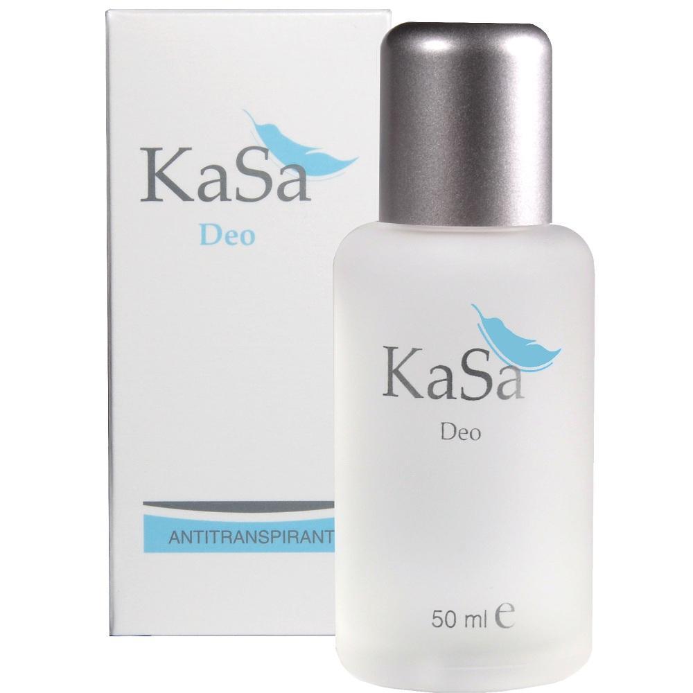 Ein Deodorant-Fläschchen und seine Verpackung mit der Aufschrift "KaSa Deo".