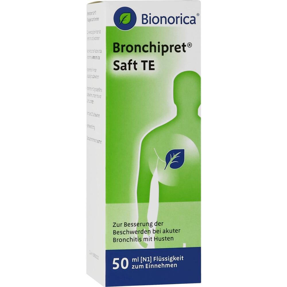 Die Verpackung zeigt "Bronchipret Saft TE" zur Linderung von Husten bei Bronchitis.
