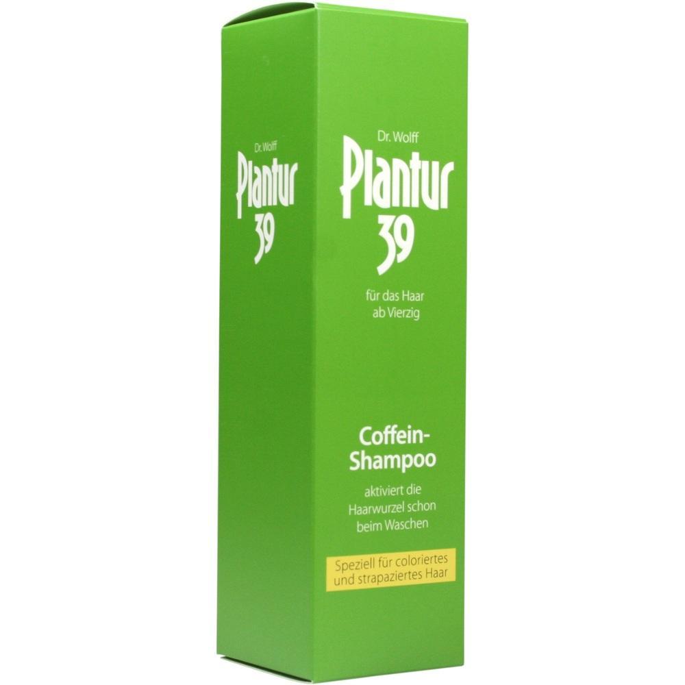 Grüne Packung mit der Aufschrift "Plantur 39 Coffein-Shampoo".