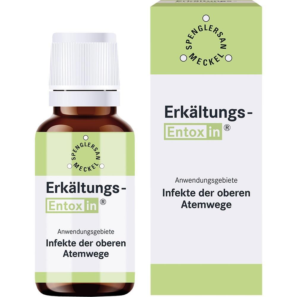 Ein Medikamentenfläschchen neben seiner Verpackung mit der Aufschrift "Erkältungs-Entoxin".