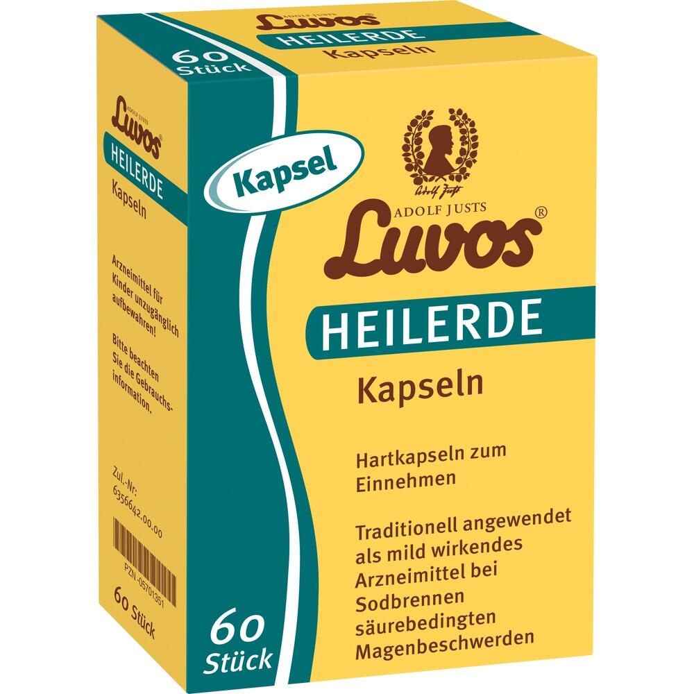Gelbe Verpackung von Luvos Heilerde Kapseln gegen Magenbeschwerden.