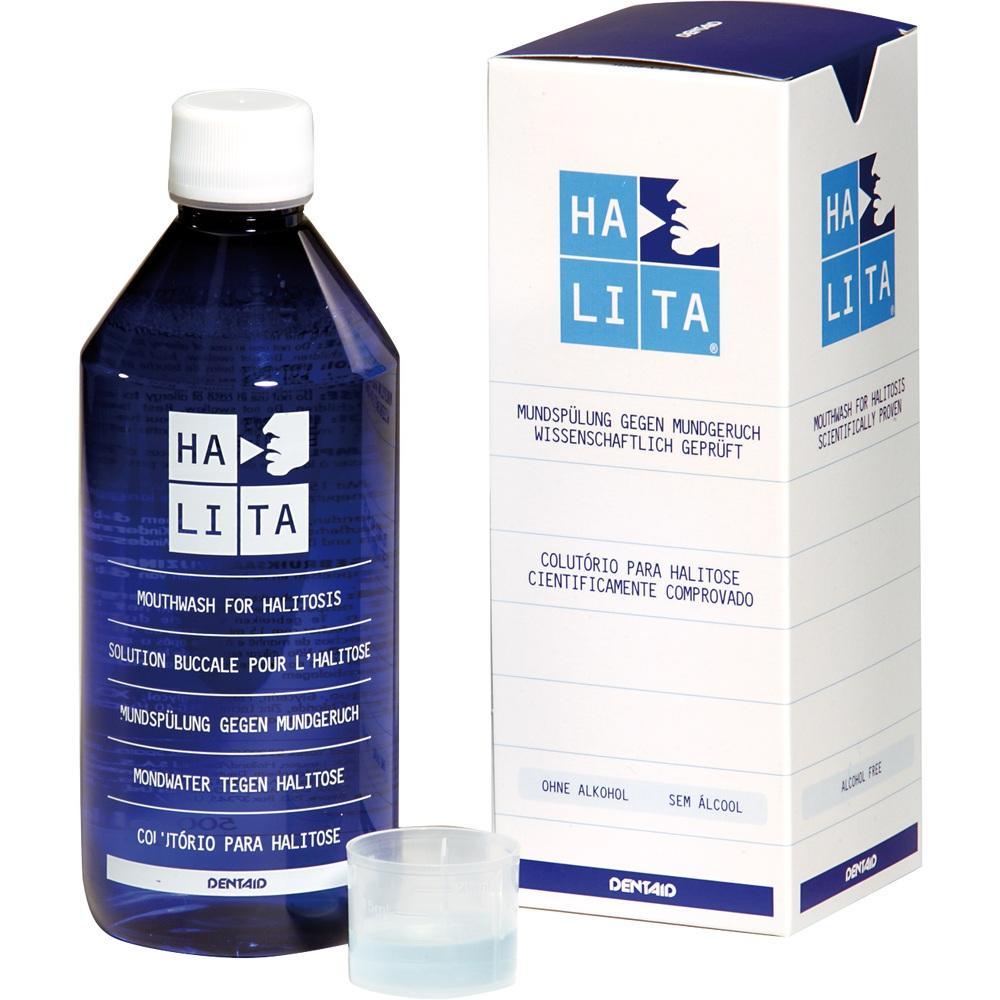 Eine blaue Mundwasserflasche neben einer weißen Verpackung.