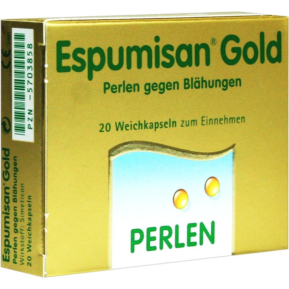 Eine gelbe Verpackung mit der Aufschrift "Espumisan Gold" f&uuml;r 20 Weichkapseln gegen Bl&auml;hungen.