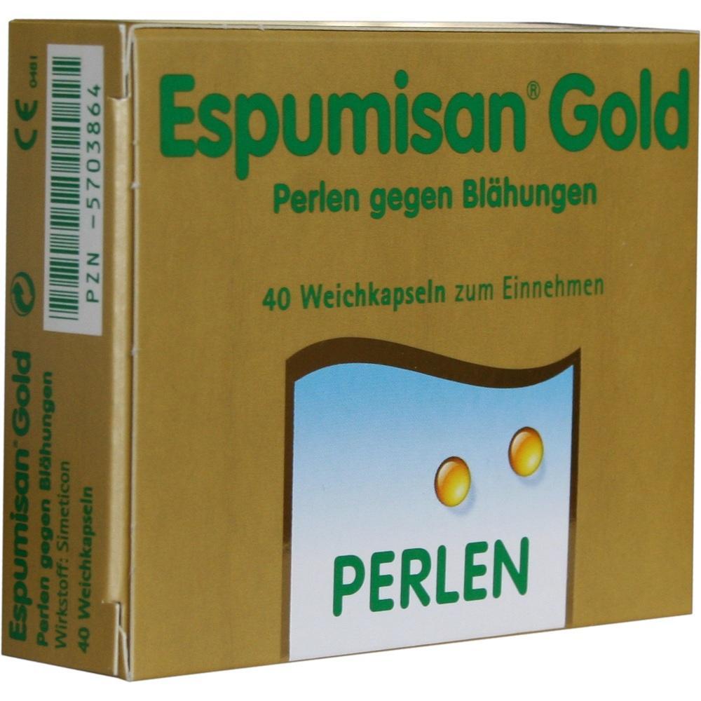 Packung Espumisan Gold mit 40 Kapseln gegen Bl&auml;hungen.