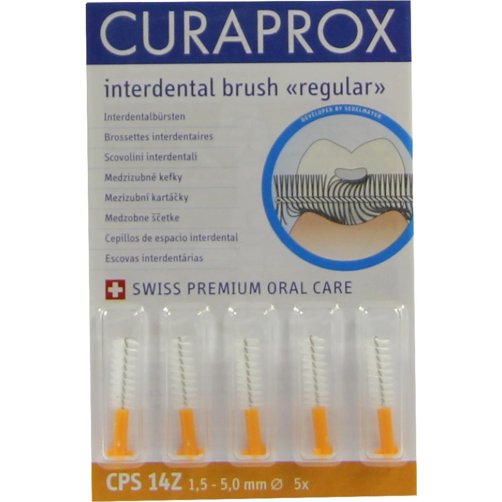Fünf Interdentalbürsten in einer Verpackung mit blauer Aufschrift "Curaprox".
