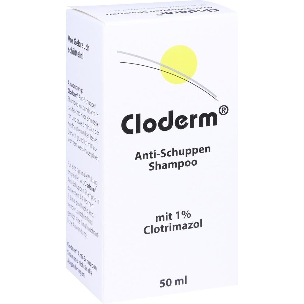 Weiße Shampoo-Packung mit der Aufschrift "Cloderm Anti-Schuppen Shampoo".
