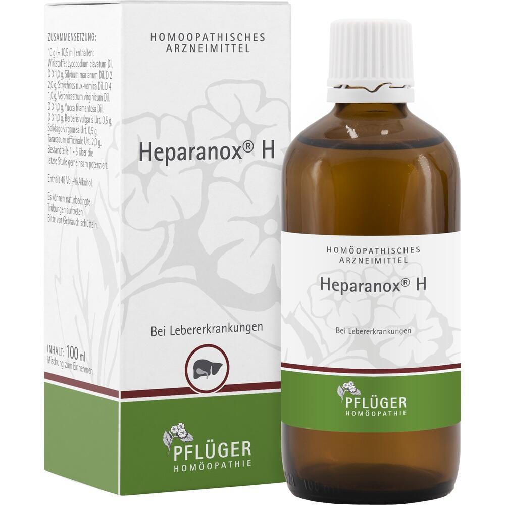 Eine braune Flasche und Verpackung von Heparanox, einem hom&ouml;opathischen Mittel bei Lebererkrankungen.
