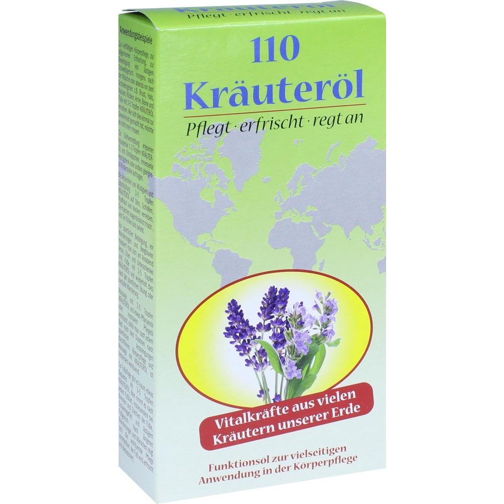 Eine grüne Packung mit der Aufschrift "110 Kräuteröl" und einem Bild von Lavendel.