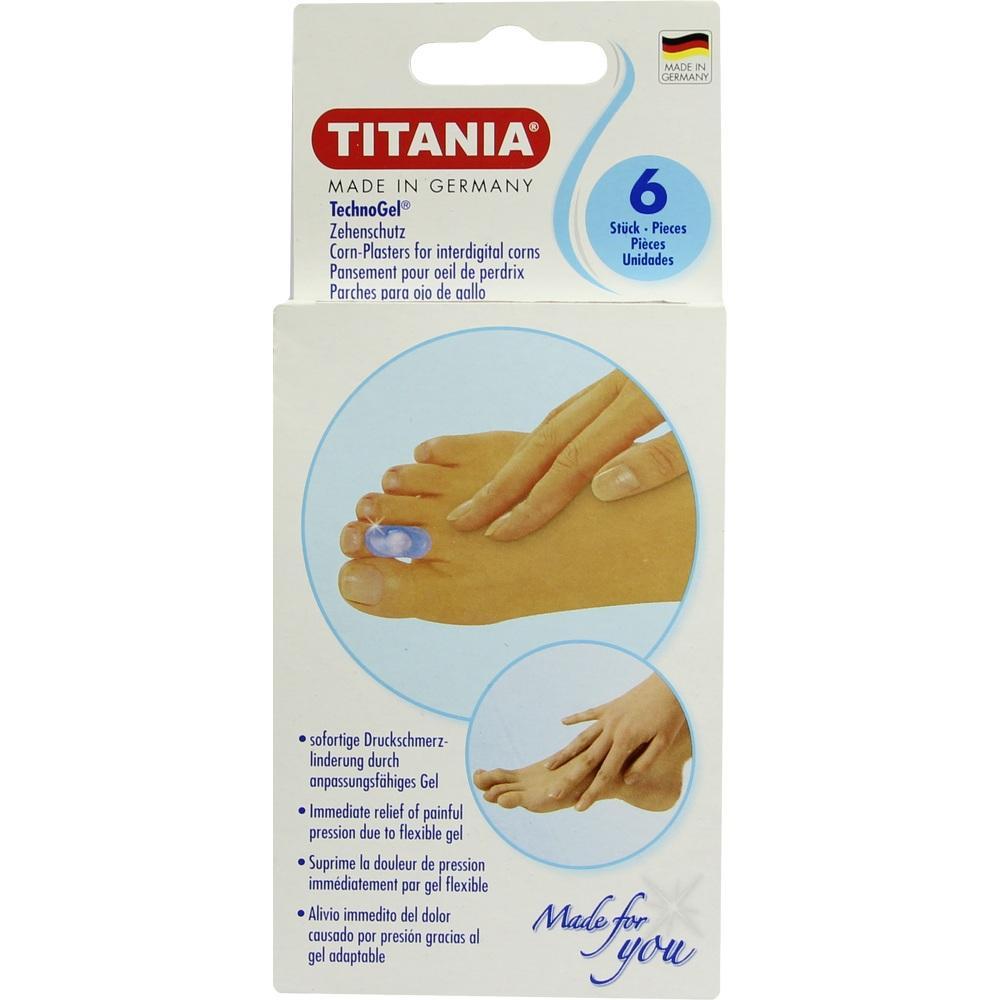 Eine Verpackung für Zehenschutz-Pflaster mit Bild einer Anwendung an einem Fuß.