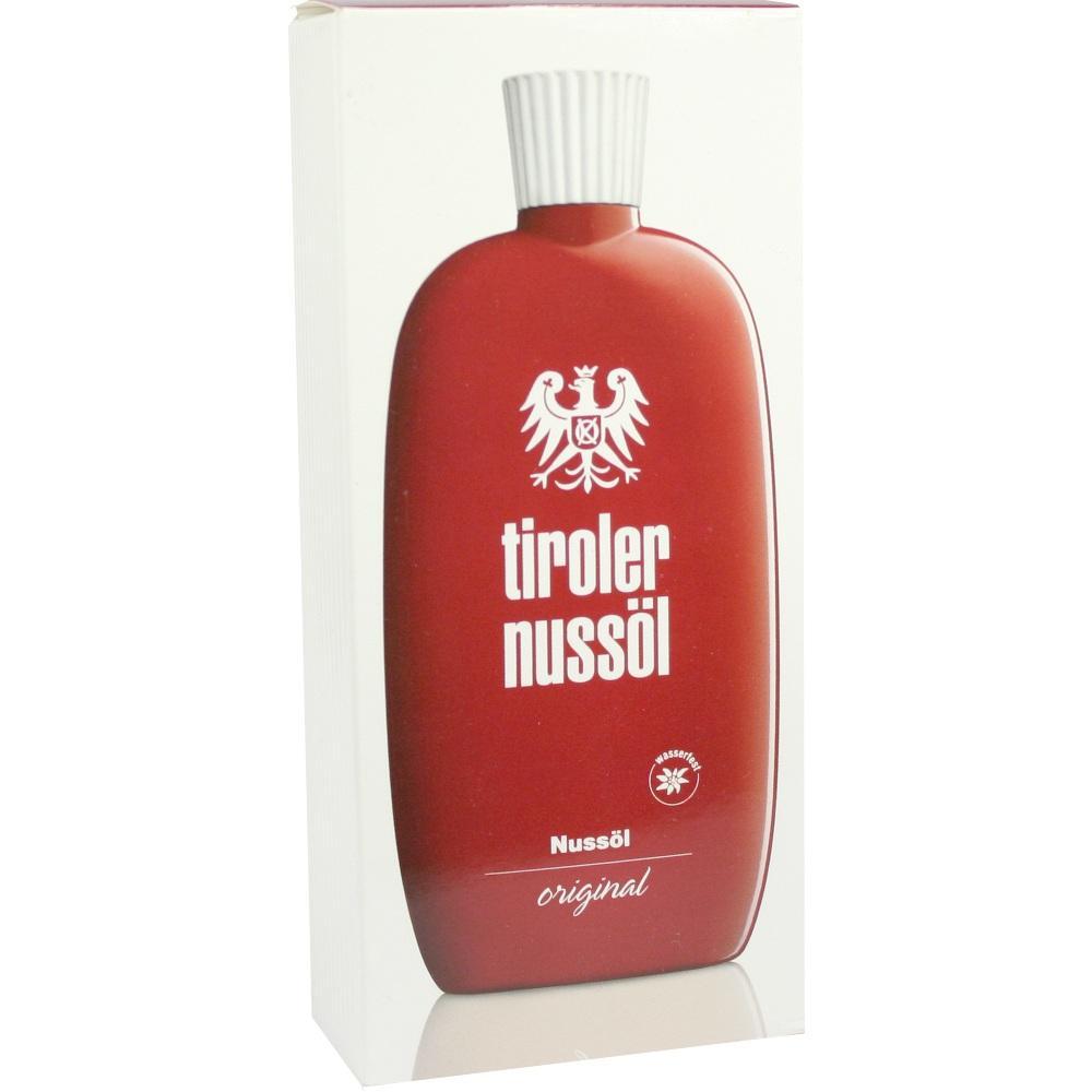 Rote Flasche mit der Aufschrift "tiroler nuss&ouml;l" und einem Adler-Emblem.