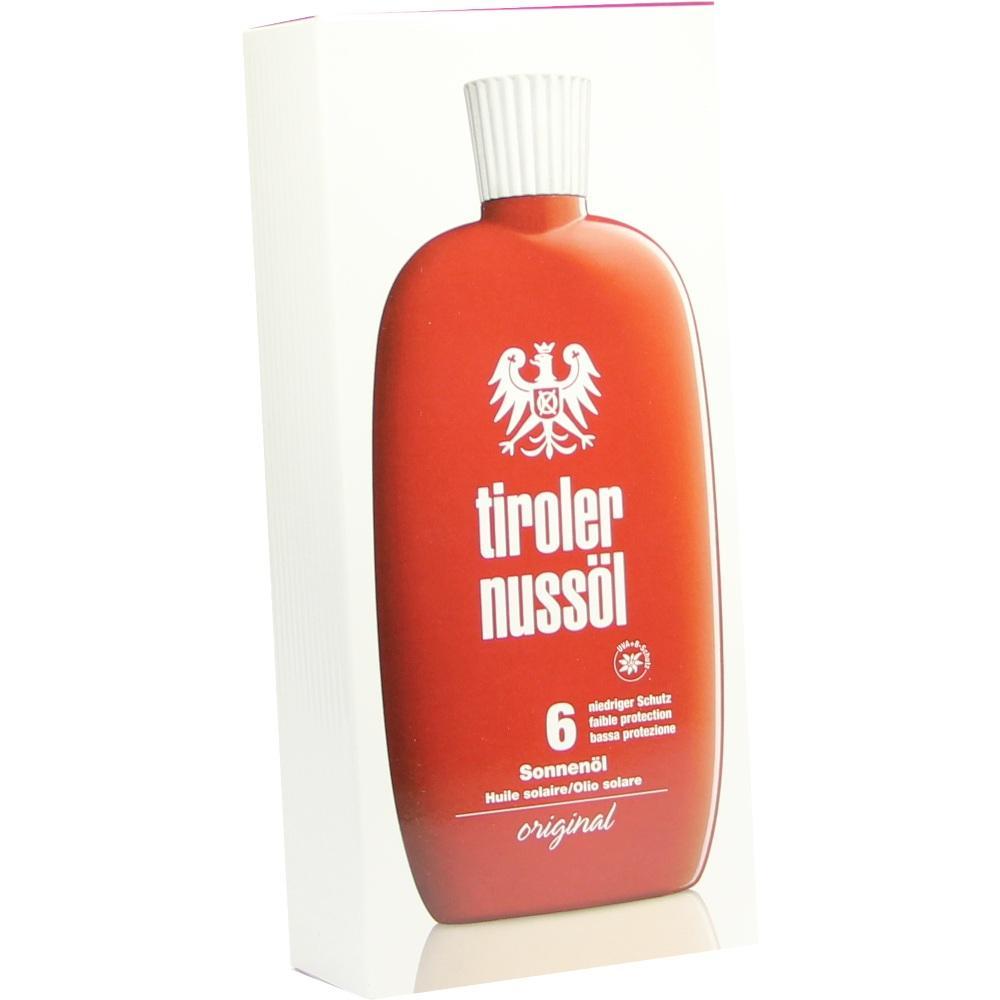 Rote Flasche mit der Aufschrift "Tiroler Nussöl" und Sonnenschutzfaktor 6.