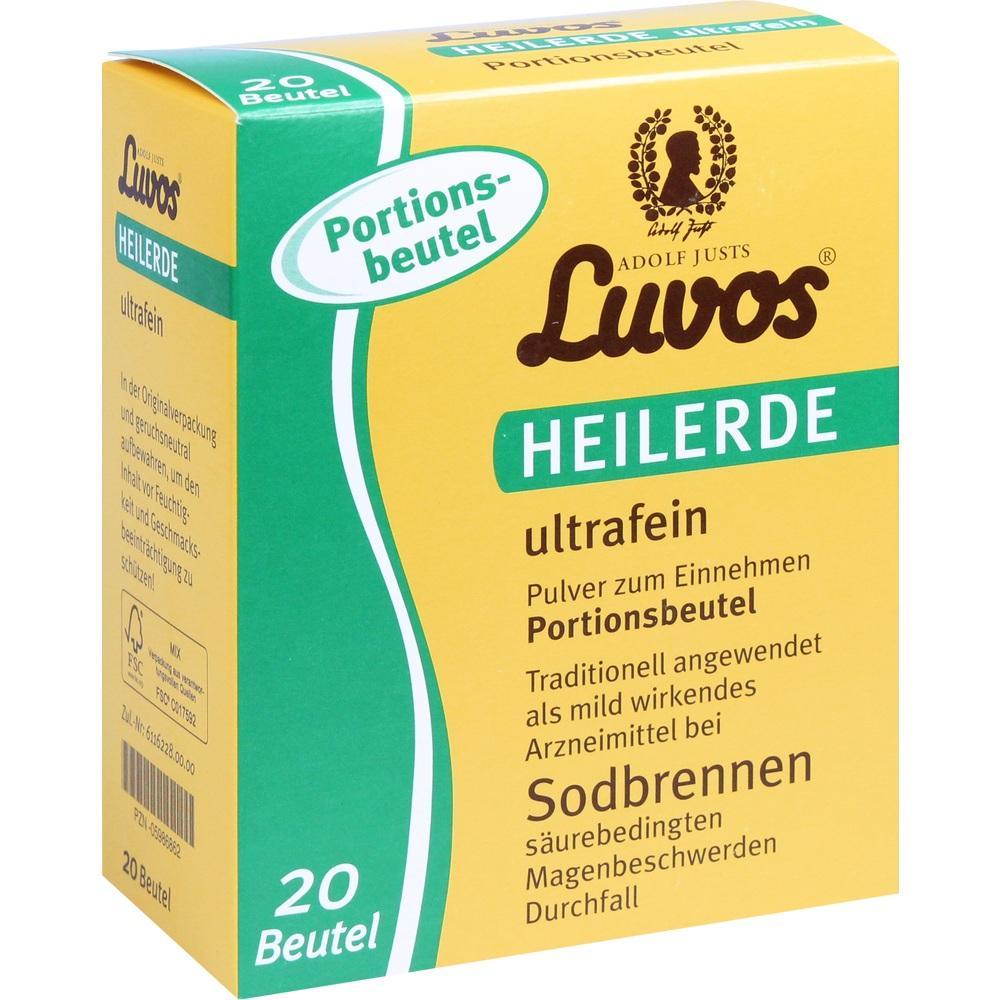 Gelbe Packung Luvos Heilerde ultrafein mit 20 Portionenbeuteln gegen Magenbeschwerden.