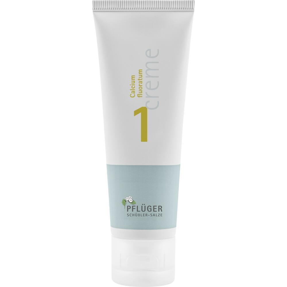 Weiße Tube mit der Aufschrift "Calcium fluoratum 1 Creme" und dem Logo "PFLÜGER Schüßler-Salze".
