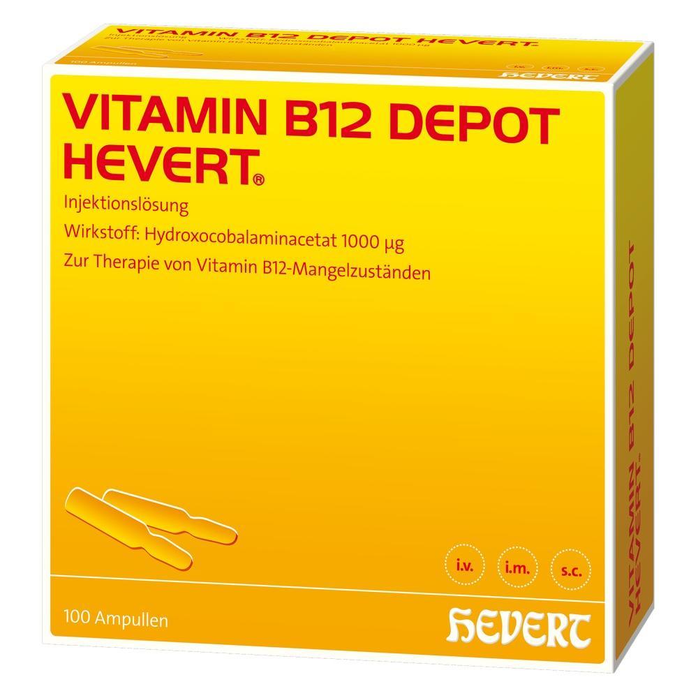 Gelbe Packung mit der Aufschrift "Vitamin B12 Depot Hevert", enthält Injektionslösung.