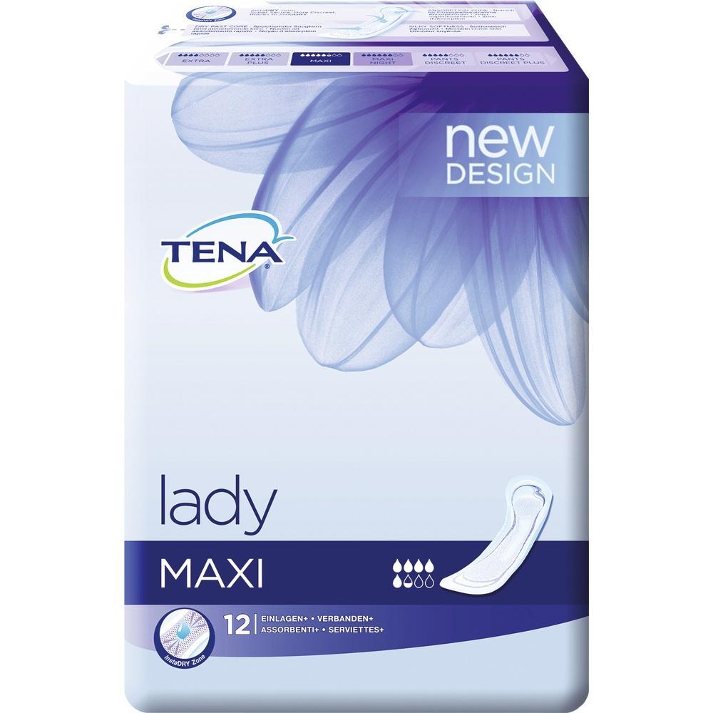 Packung TENA Lady Maxi Einlagen mit neuem Design, 12 Stück.