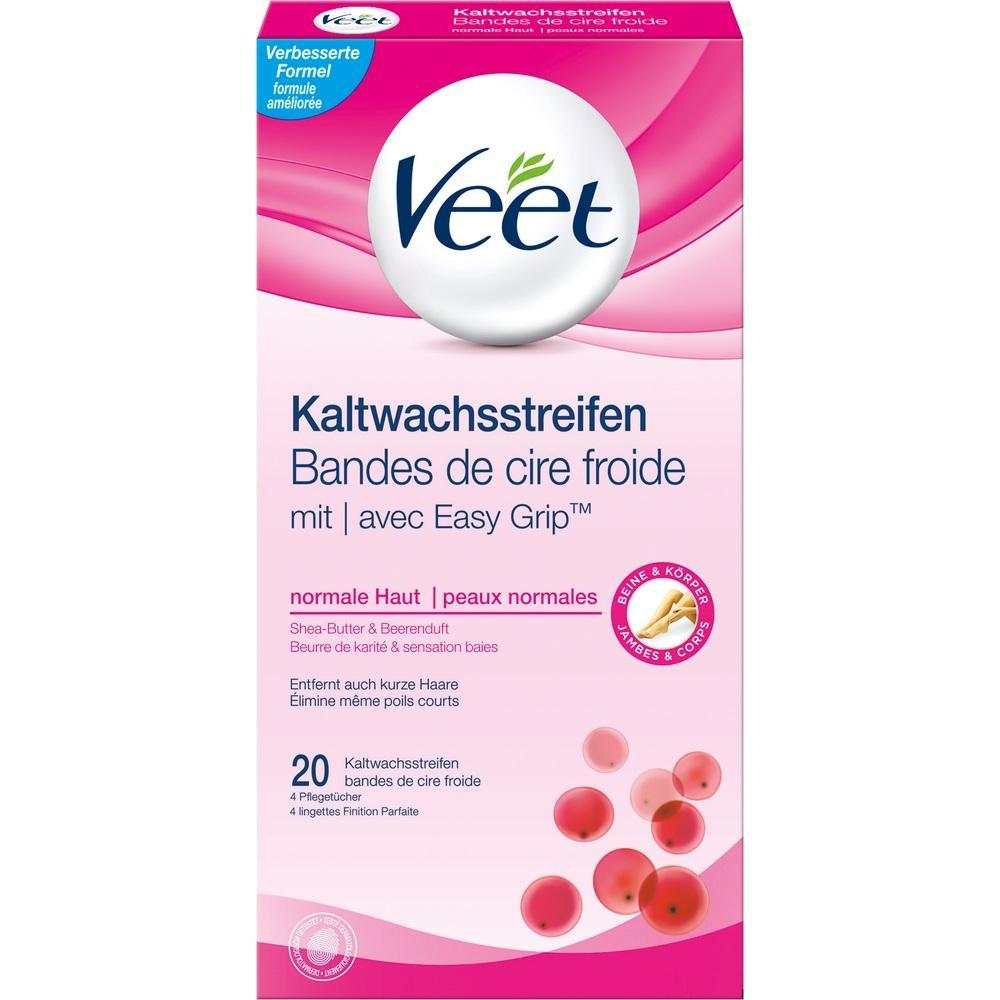 Verpackung von Veet Kaltwachsstreifen für normale Haut mit Beerenduft.