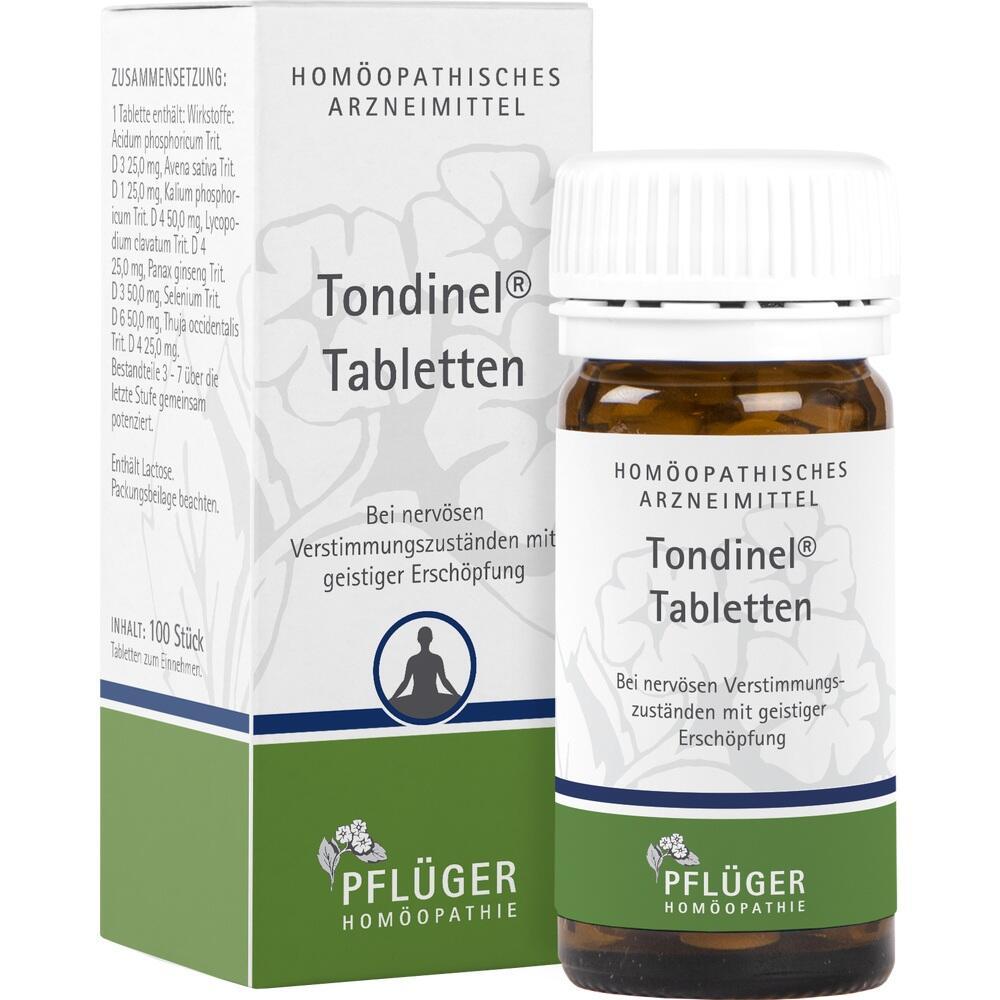 Eine Packung und Flasche hom&ouml;opathischer Tondinel Tabletten von Pfl&uuml;ger.