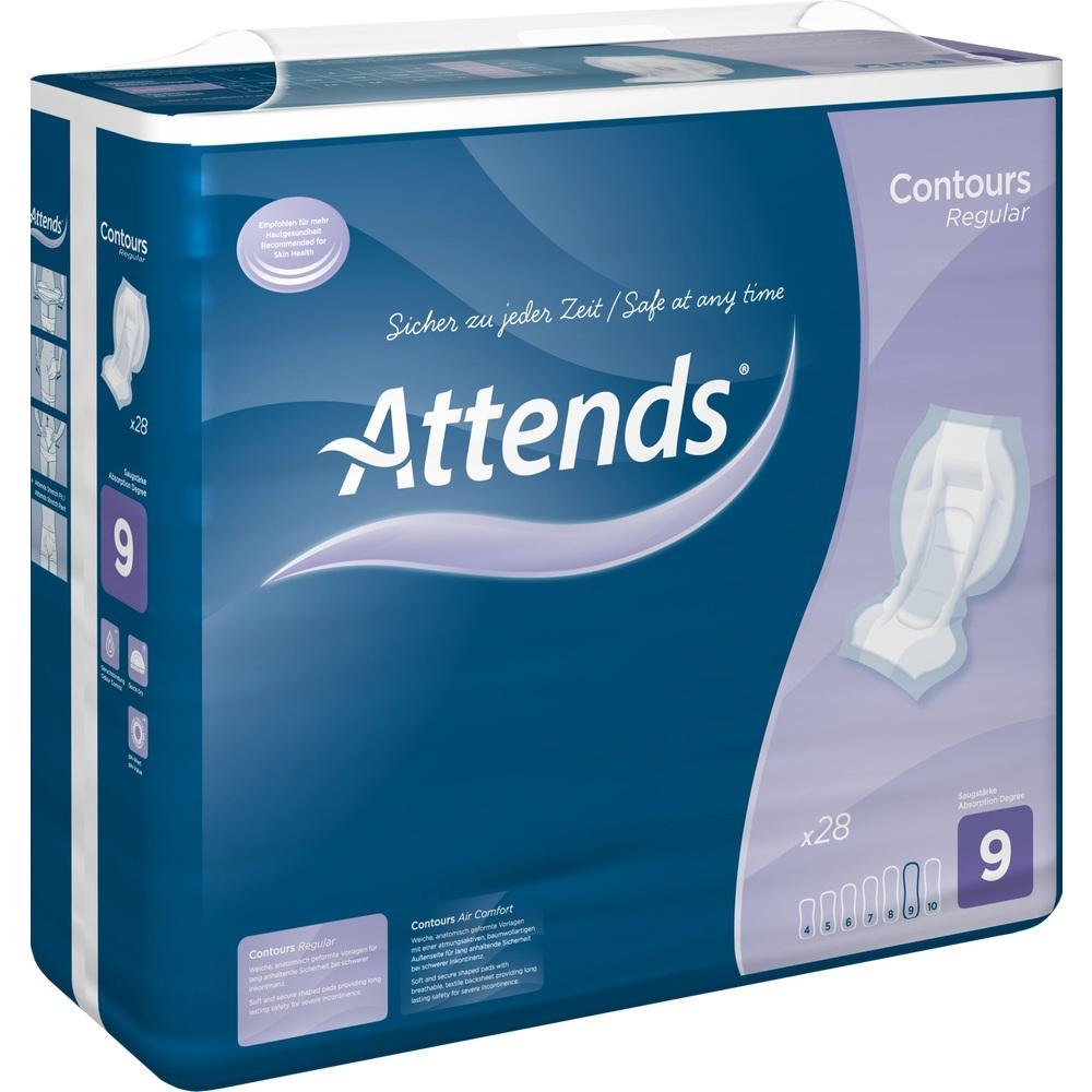 Packung mit Inkontinenzeinlagen der Marke Attends, Größe 9, für sicheren Schutz.