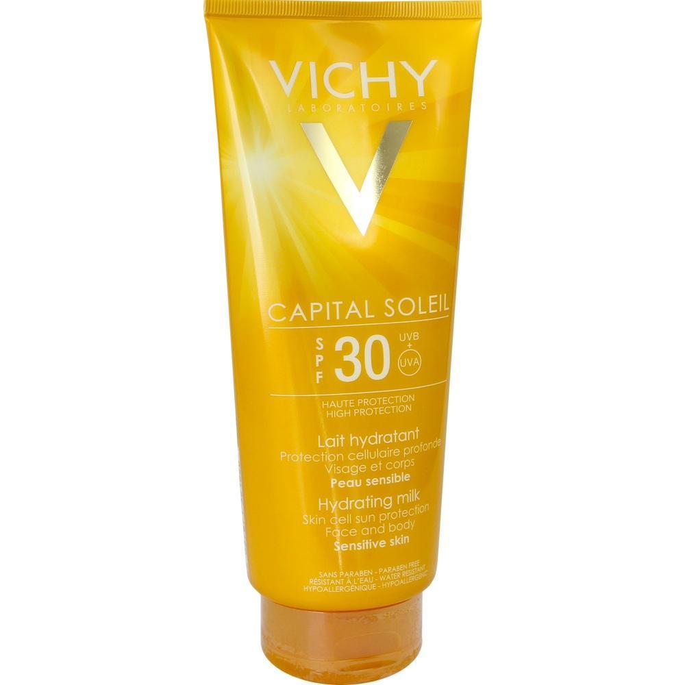 Gelbe Sonnencreme-Tube von Vichy mit Lichtschutzfaktor 30 für sensible Haut.