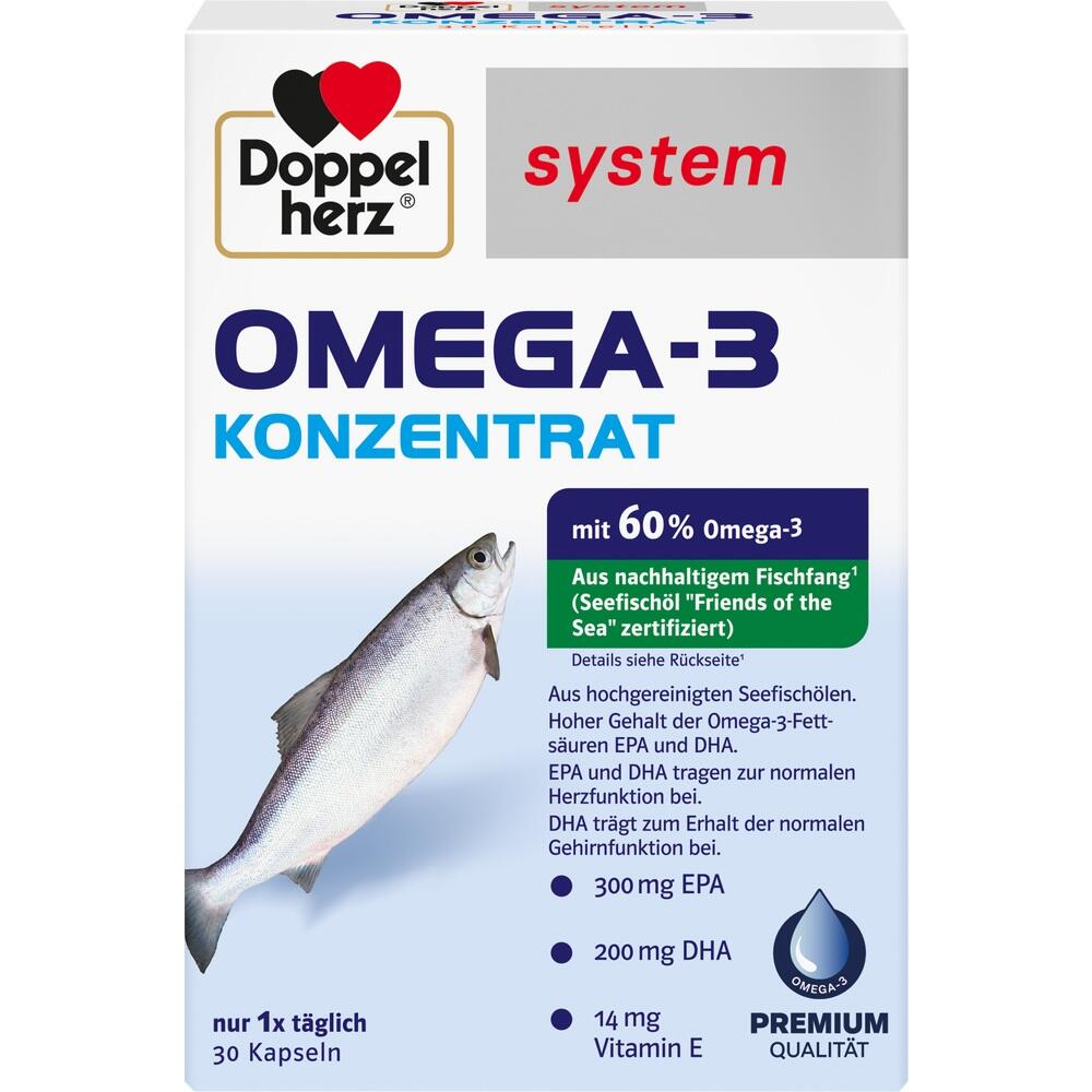 Packung Doppelherz Omega-3 Konzentrat mit Fischbild und Infos zu Inhalt und Dosierung.