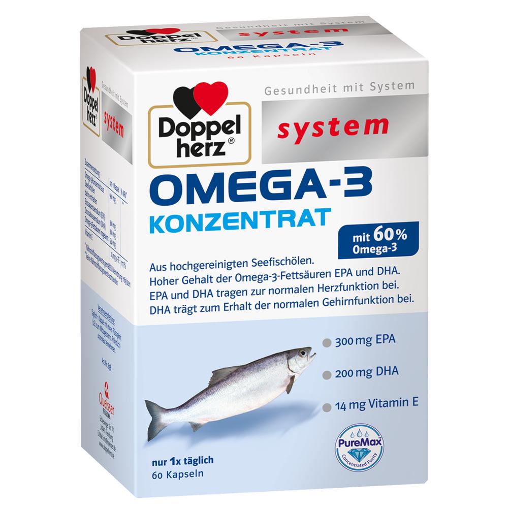 Schachtel von Omega-3-Kapseln mit Fisch und Dosierungshinweisen.