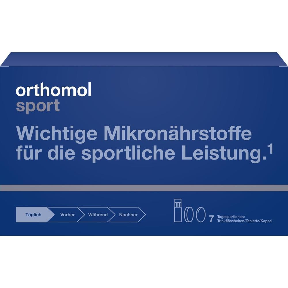 Blaue Verpackung mit der Aufschrift "orthomol sport" für sportliche Mikronährstoffe.